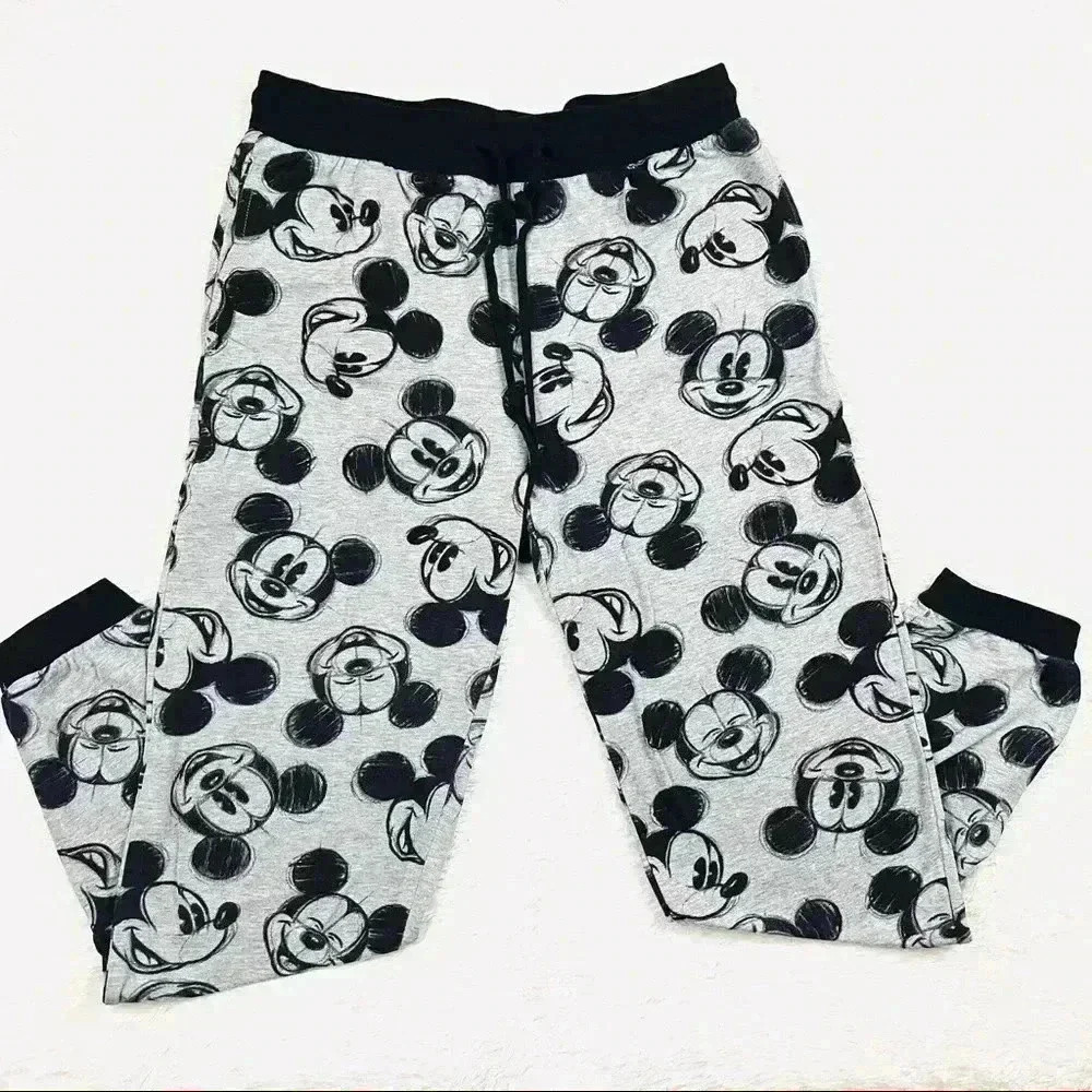 Disney Mickey Mouse Gray & Black Drawstring Cotton Blend Pants Size L
